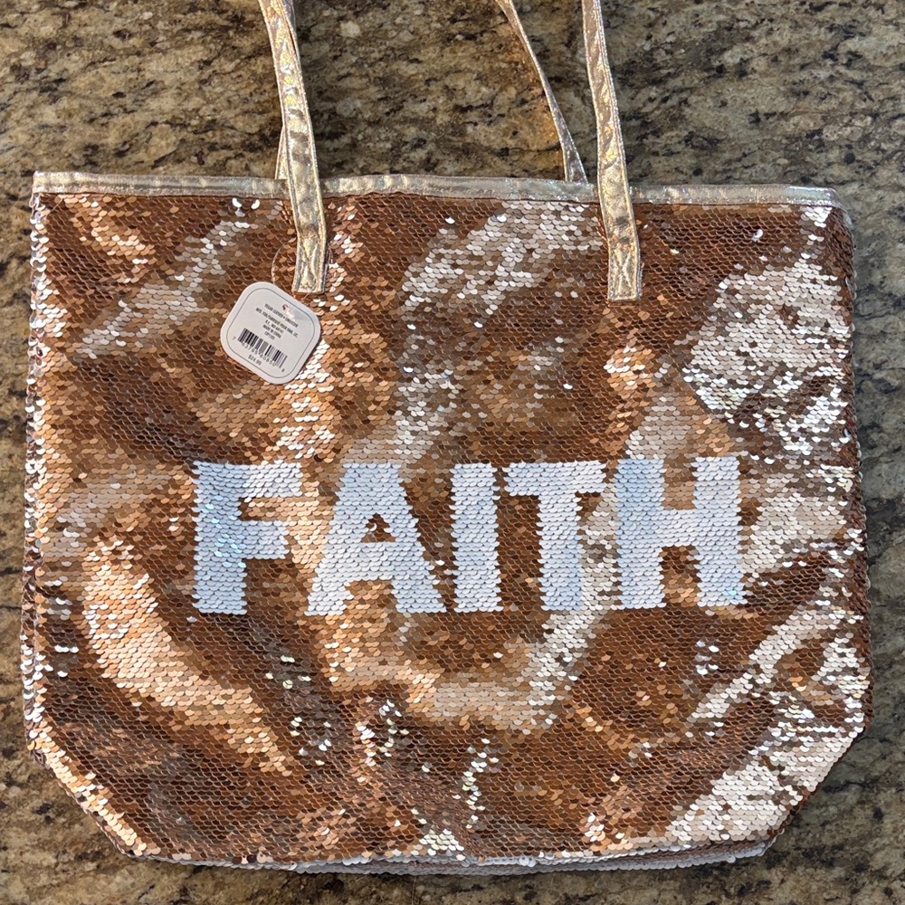 Sequin Tote Bag, “FAITH” - Gold and White, NWT